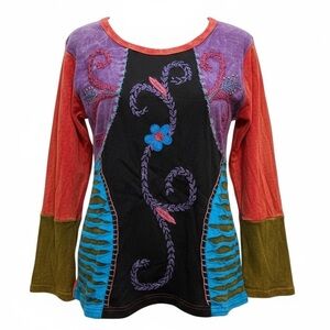 Peace Nepal Patchwork Embroidered Stone-Washed Long Sleeve Top Size Large